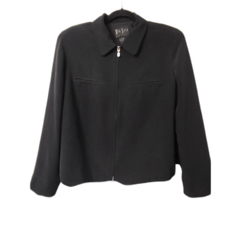 VTG Via Seta‎ Silk Cropped Full Zip Jacket Women Sz 8/38 Mob Wife Business Y2K